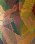 Close up of a vintage abstract oil painting of a female figure painted using geometric shapes in warm ochre colours, reminiscent of a cubist or modernist style.