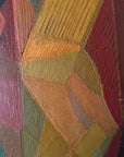 Close up of a vintage abstract oil painting of a female figure painted using geometric shapes in warm ochre colours, reminiscent of a cubist or modernist style.