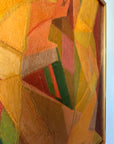 Close up of a vintage abstract oil painting of a female figure painted using geometric shapes in warm ochre colours, reminiscent of a cubist or modernist style.