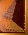 Close up of a vintage abstract oil painting of a female figure painted using geometric shapes in warm ochre colours, reminiscent of a cubist or modernist style.