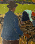 Framed, vintage oil painting of people working in a field