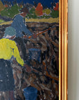Framed, vintage oil painting of people working in a field
