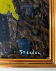 Framed, vintage oil painting of people working in a field