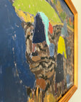 Framed, vintage oil painting of people working in a field