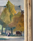 Framed, vintage oil painting of a park scene with trees and people