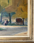 Framed, vintage oil painting of a park scene with trees and people