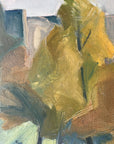 Framed, vintage oil painting of a park scene with trees and people