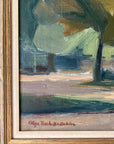 Framed, vintage oil painting of a park scene with trees and people