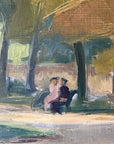 Framed, vintage oil painting of a park scene with trees and people