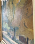 Framed, vintage oil painting of a park scene with trees and people