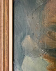 Framed, vintage oil painting of a park scene with trees and people
