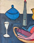 Close up of a vintage oil painting of still life objects on a blue table. Flat shapes in post-cubist, mid-century style.