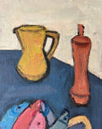 Close up of a vintage oil painting of still life objects on a blue table. Flat shapes in post-cubist, mid-century style.