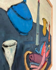 Close up of a vintage oil painting of still life objects on a blue table. Flat shapes in post-cubist, mid-century style.