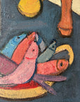 Close up of a vintage oil painting of still life objects on a blue table. Flat shapes in post-cubist, mid-century style.