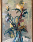 A close up of a vintage still life floral oil painting of yellow roses.