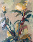 A close up of a vintage still life floral oil painting of yellow roses.