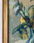 A close up of a vintage still life floral oil painting of yellow roses.