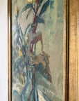 A close up of a vintage still life floral oil painting of yellow roses.
