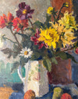 Close up of a framed impressionist oil painting on board of a bouquet of flowers with fruit. Still life art.