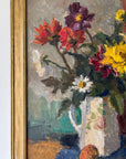 Close up of a framed impressionist oil painting on board of a bouquet of flowers with fruit. Still life art.