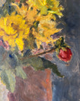 Close up of a framed impressionist oil painting on board of a bouquet of flowers with fruit. Still life art.