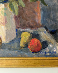 Close up of a framed impressionist oil painting on board of a bouquet of flowers with fruit. Still life art.