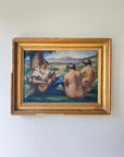 Framed vintage oil painting of a scene with people and nature