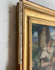 Framed vintage oil painting of a scene with people and nature