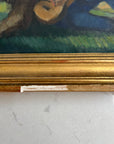 Framed vintage oil painting of a scene with people and nature
