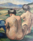 Framed vintage oil painting of a scene with people and nature