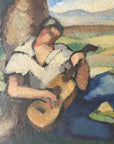 Framed vintage oil painting of a scene with people and nature