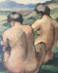Framed vintage oil painting of a scene with people and nature
