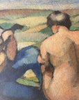 Framed vintage oil painting of a scene with people and nature