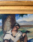 Framed vintage oil painting of a scene with people and nature