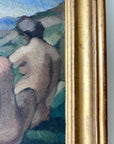 Framed vintage oil painting of a scene with people and nature