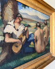 Framed vintage oil painting of a scene with people and nature
