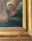 Framed vintage oil painting of a scene with people and nature