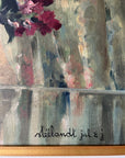 Close up of a vintage oil painting on canvas of a bouquet of dark pink hydrangeas in a glass vase.