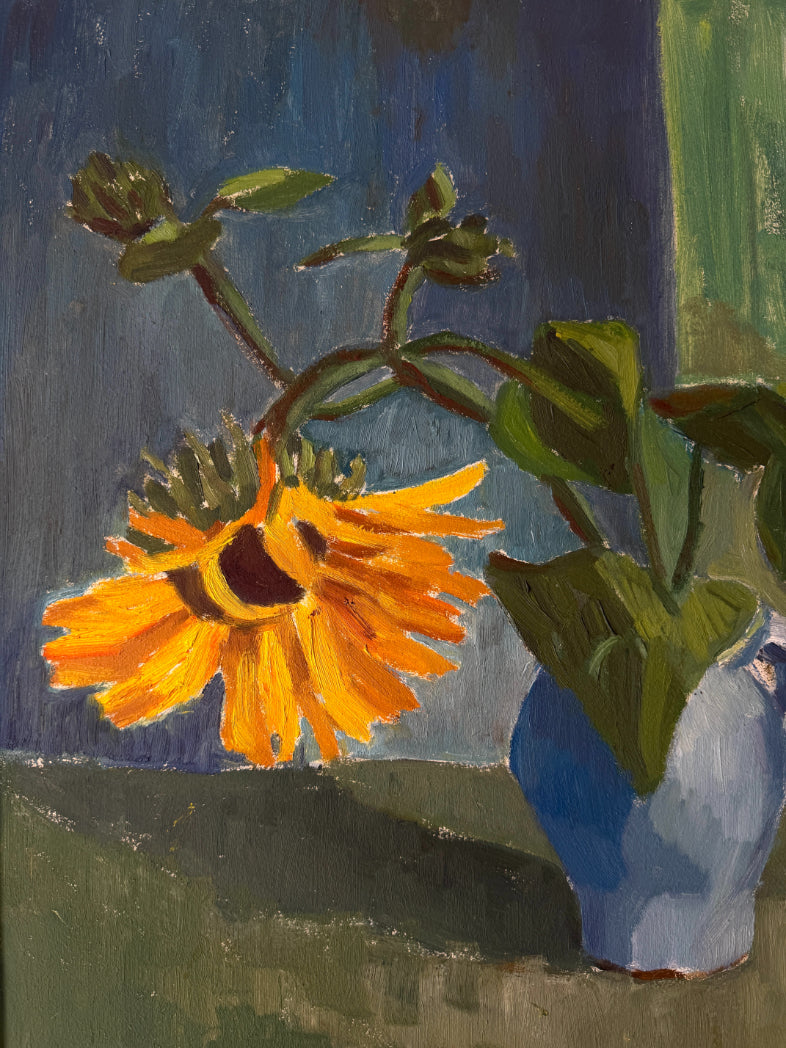 SUNFLOWER ON BLUE - Vintage, Swedish oil painting by Karl-Gustav
