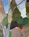 Framed semi-abstract, vintage oil painting of trees and a house.