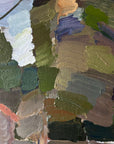 Framed semi-abstract, vintage oil painting of trees and a house.