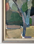 Framed semi-abstract, vintage oil painting of trees and a house.