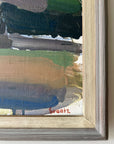 Framed semi-abstract, vintage oil painting of trees and a house.