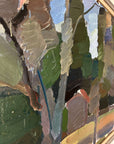Framed semi-abstract, vintage oil painting of trees and a house.