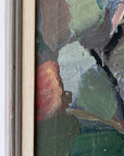 Framed semi-abstract, vintage oil painting of trees and a house.