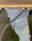Framed semi-abstract, vintage oil painting of trees and a house.