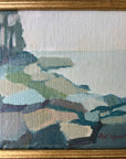 Framed semi-abstract landscape mid-century oil painting of a coastline.