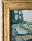 Framed semi-abstract landscape mid-century oil painting of a coastline.