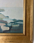 Framed semi-abstract landscape mid-century oil painting of a coastline.